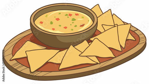 Nachos with cheesy dip on wooden board