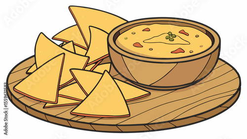 Nachos and cheese dip on wooden board