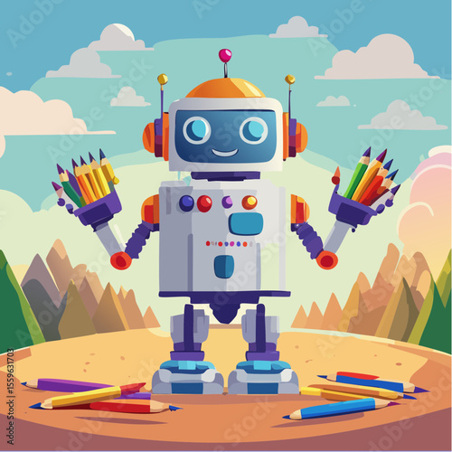 A robot with crayons for fingers – machines that help create.
