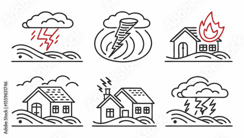Six Line Drawings of Houses and Natural Disasters