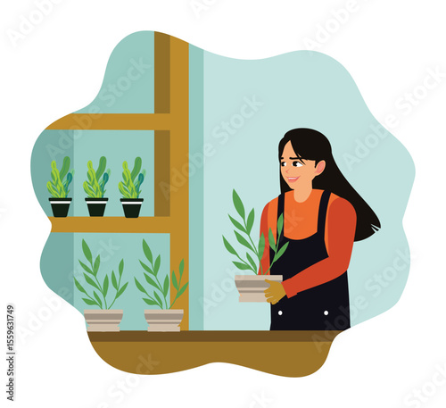 Woman taking care of houseplants on shelves at home.