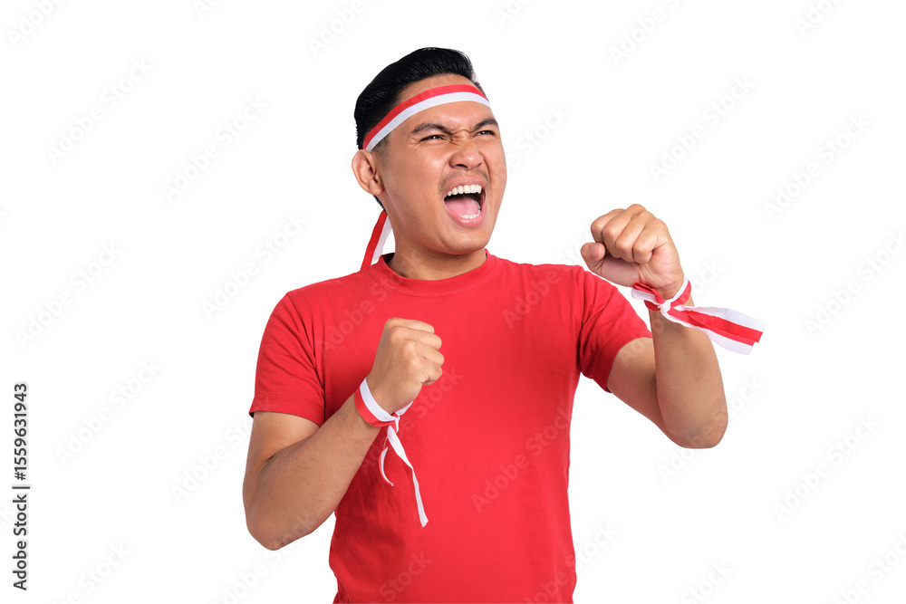 Excited young Asian men celebrate Indonesian independence day on 17 August by raising fists isolated on transparent background Excited young Asian men celebrate Indonesian independence day on 17 August by raising fists isolated on transparent background