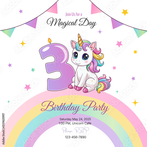 An invitation to a birthday party. Cute unicorn with the number 3. Vector illustration.