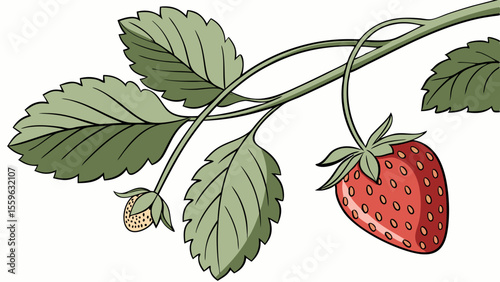 Ripe strawberry on vine with leaves