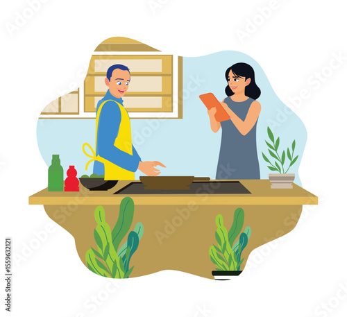 Happy couple cooking together in home kitchen.