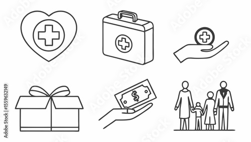 Charity icons heart, first-aid kit, donation, gift, money, family