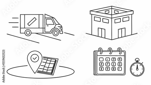 Logistics illustration delivery truck, warehouse, location, calendar, timer