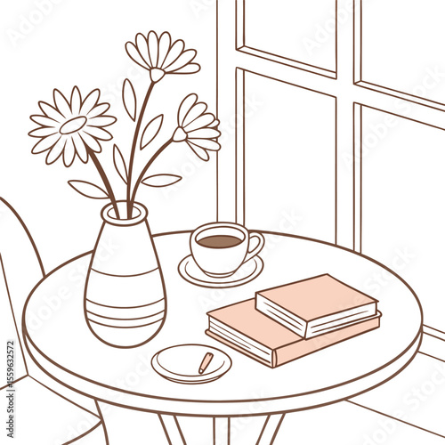 Cozy scene on a round table with a vase of daisies a cup of coffee two books and a cigarette on an ashtray near a window
