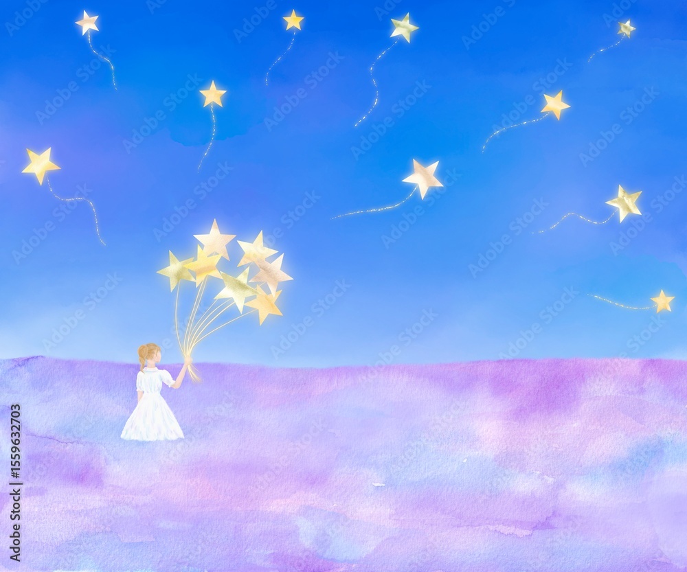 © Aomi.art - ラベンダー畑にたたずむ少女の手から飛んで行った星形の風船が、星空を作っていく幻想的なイラスト。水彩画を使用した絵本のような世界観の素材。