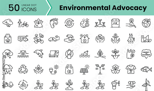 A collection of 50 linear dot icons representing various aspects of environmental advocacy, including recycling, wildlife protection, and sustainable practices.