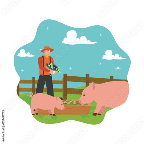 Farmer, rancher man feeding pig with vegetables.