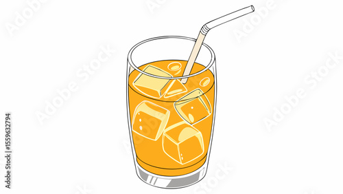 Iced orange juice in a glass with a straw