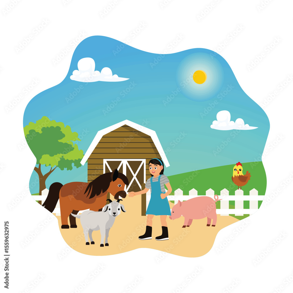 Naklejka premium Happy cute kid girl feeding farm animals.