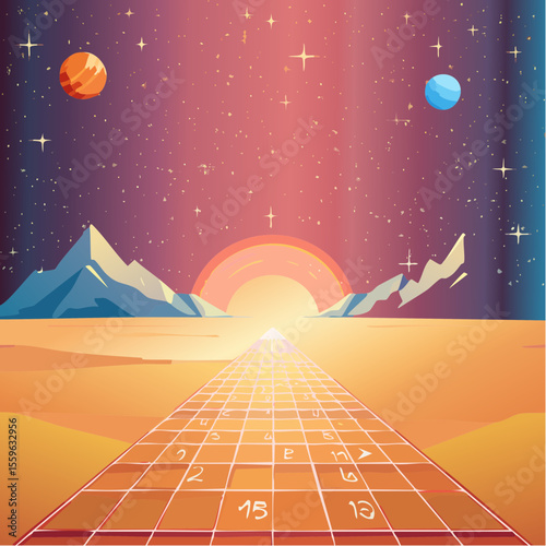 A hopscotch grid leading into outer space – every step leads to wonder.
