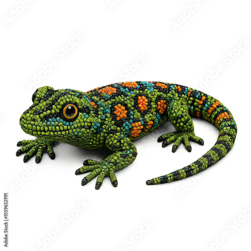 Colorful Beaded Lizard in Alert Position on a Solid Background