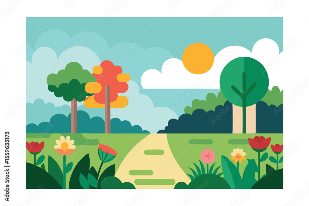 Fototapeta premium Vibrant Spring Landscape A Pathway Through Blooming Meadows and Lush Trees