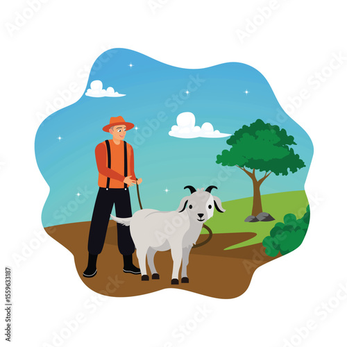 A farmer leads goats in the meadow.