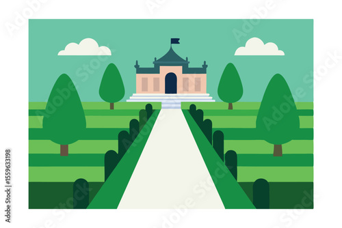 Serene Garden Path Leading to Elegant Pavilion A Tranquil Landscape Illustration