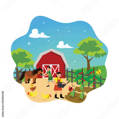 Little girl watering plants and boy feeding pets.