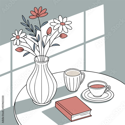 A charming minimalist illustration depicts a serene still life with a vase of delicate flowers a closed book and two cups of warm beverages on a round table