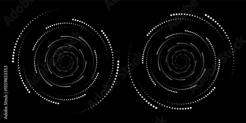 Abstract background in circle shape with dynamic halftone dots like arrows. same white shape on black side.