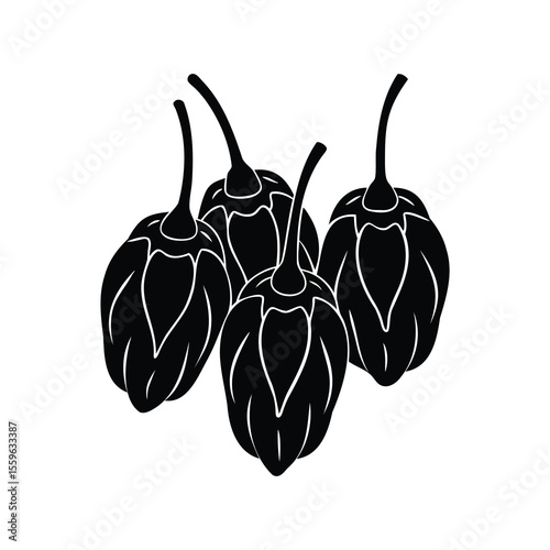 Four stylized Habanero peppers in black and white graphic design format