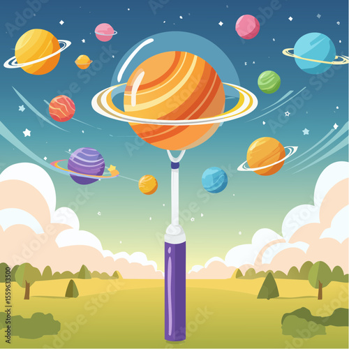 A bubble wand blowing planets instead of bubbles – exploring the universe with play.
