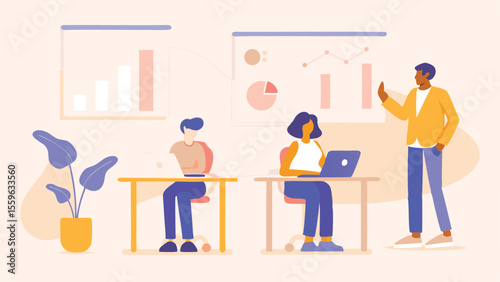 Illustration of a business meeting with charts and people at desks in a bright office setting