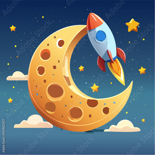 A cookie shaped like a moon with a rocket bite taken out – playful appetite for adventure.

