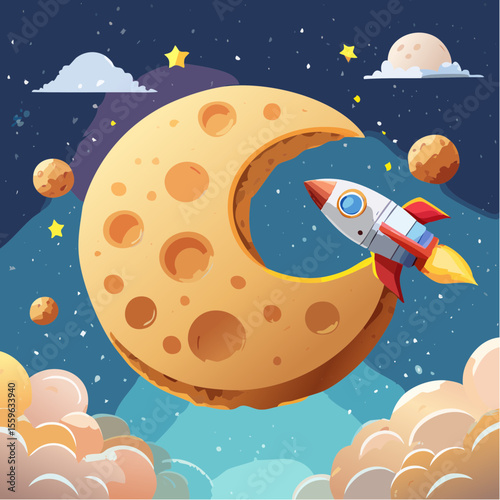 A cookie shaped like a moon with a rocket bite taken out – playful appetite for adventure.
