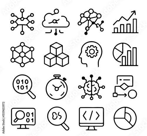 A visual collection of data icons representing interconnected networks, cloud computing, and analytics, ideal for conveying concepts related to data, networking, and analytical insights. 
