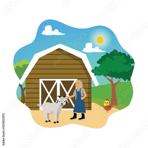A cute little girl playing with goats and chickens.