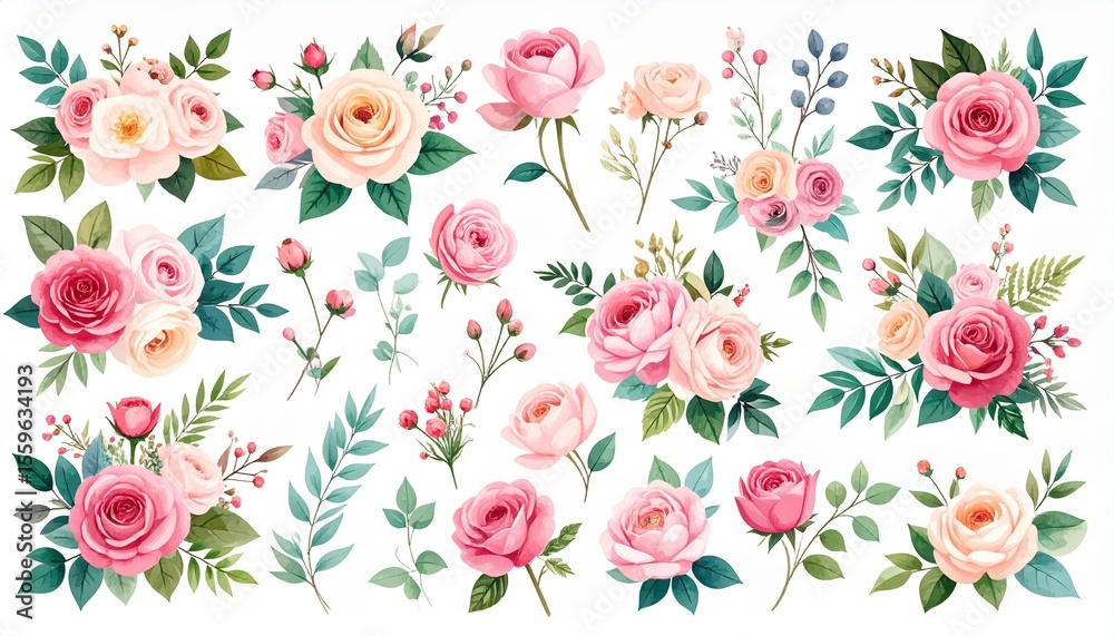 Fototapeta premium Beautiful romantic flower collection with roses, leaves, floral bouquets, flower compositions.