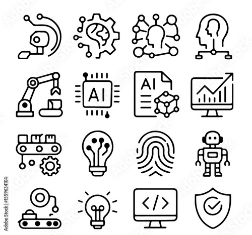 A collection of meticulously crafted minimalist line art icons, each representing key concepts in the realm of artificial intelligence and cutting-edge technological advancement.