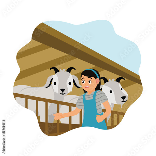 Cute little girl feeding goats in the pen.