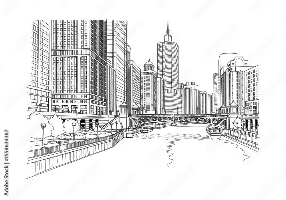 Fototapeta premium Chicago Riverwalk in Chicago one line drawing