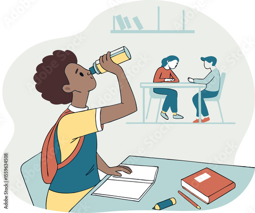 A young student drinks from a bottle while studying at a desk with an open book and supplies while two other students converse in the background
