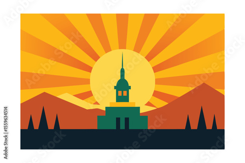 Sunrise over Mountain Temple A Retro-Styled Landscape Illustration