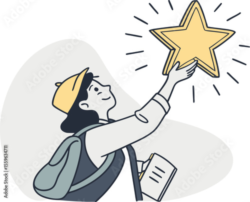 A stylized illustration of a young person wearing a backpack and a cap reaching up to grasp a glowing golden star symbolizing achievement and aspirations