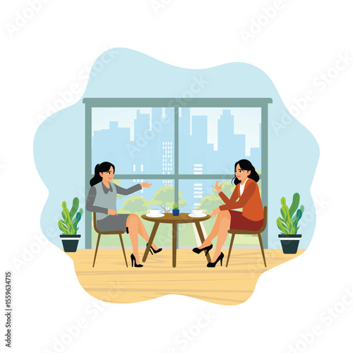 Two young women enjoy their free time in a cafe.