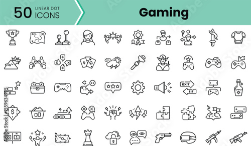 A diverse collection of 50 linear dot icons representing various gaming themes, including trophies, game controllers, and avatars in a minimalist design.