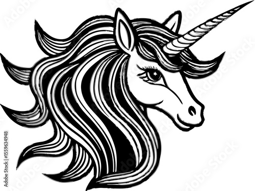 Monochrome Illustration of a Majestic Unicorn with Flowing Mane and Horn in a Stylized Design