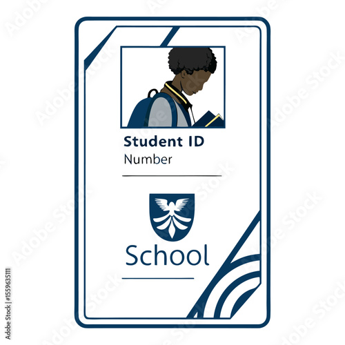 Illustration of a student identification card featuring a young black student with a backpack reading a book and the school s emblem and name