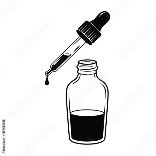 Vector illustration of bottle with liquid and dropper in black and white