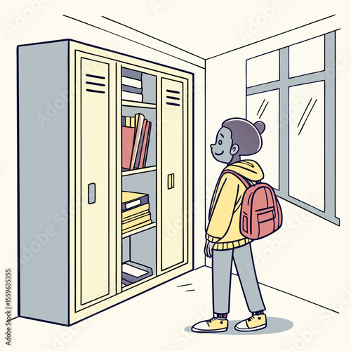 A young student with a backpack stands in a school hallway looking at an open locker filled with books and folders