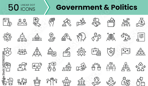 A collection of 50 linear icons representing government and politics, showcasing symbols like voting, laws, and civic engagement in a clean, modern design.