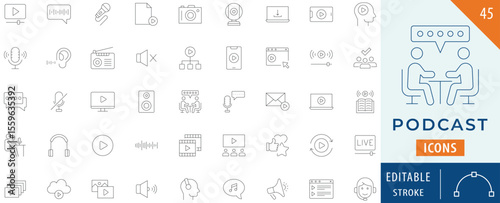 Podcast icon collection set. Editable stroke.