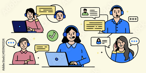 Diverse Customer Service Team Providing Support with Headsets and Laptops Communication and Online Chat Assistance