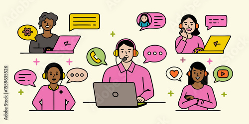 Diverse Customer Service Team with Headsets and Laptops Providing Online Support and Communication Solutions
