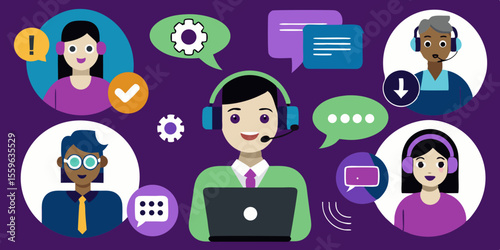 Diverse Customer Service Team with Headsets and Speech Bubbles for Online Support and Communication